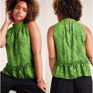 Maeve Anthropologie Green Floral Jacquard Mock Neck Peplum Blouse Top Size 4 NEW